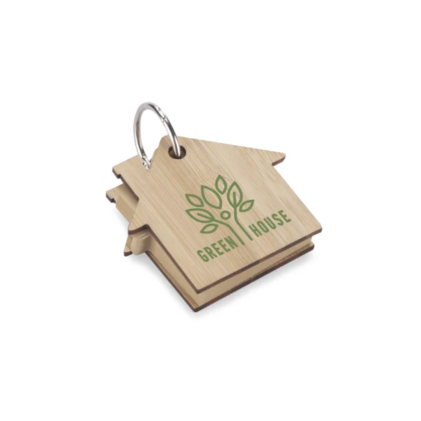 Bambusowy brelok domek z karteczkami – naturalny, z logo