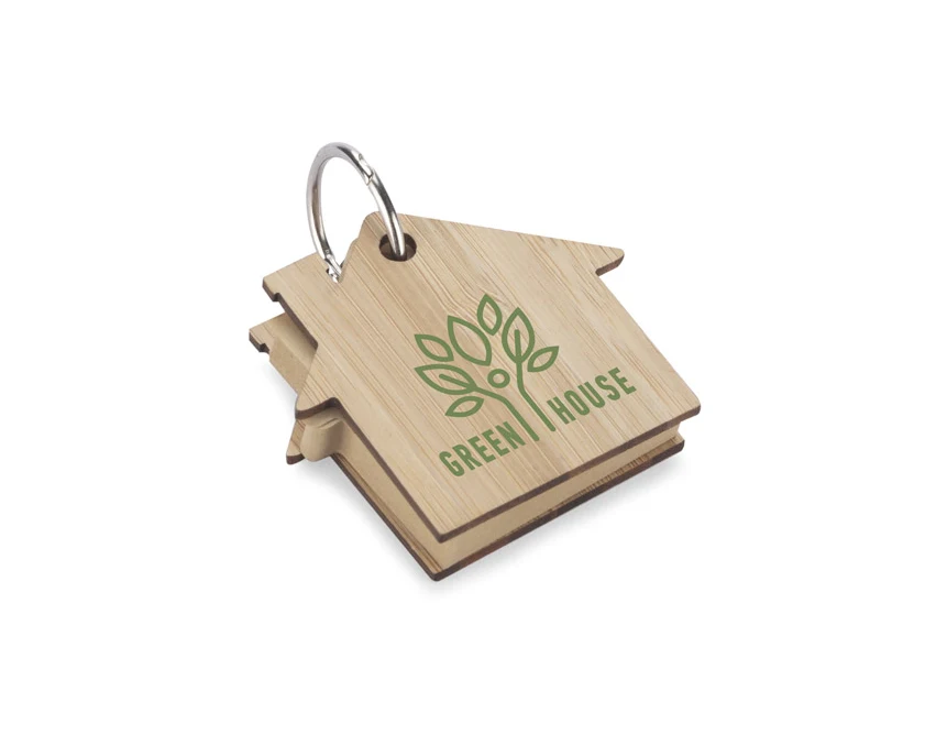 Bambusowy brelok domek z karteczkami – naturalny, z logo