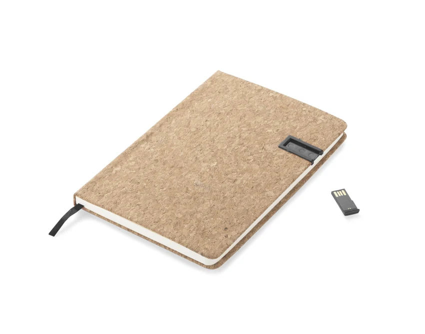 Czarny notes korkowy A5 z pendrive 16GB i logo firmy