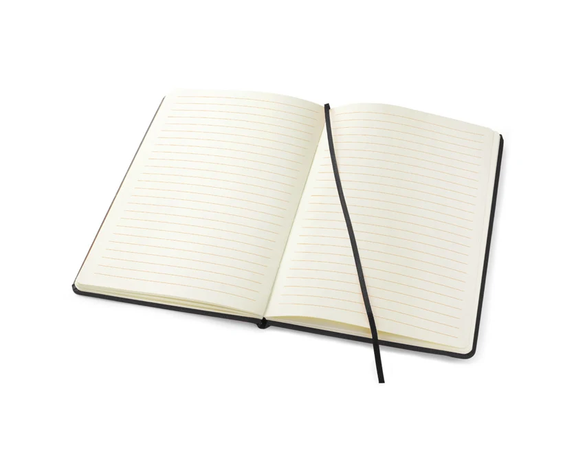 Czarny notes A5 ekoskóra z logo firmy i pomarańczowymi liniami