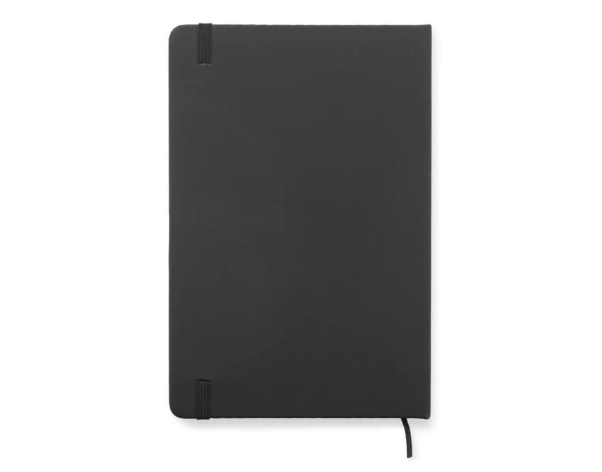 Czarny notes A5 ekoskóra z logo firmy i pomarańczowymi liniami