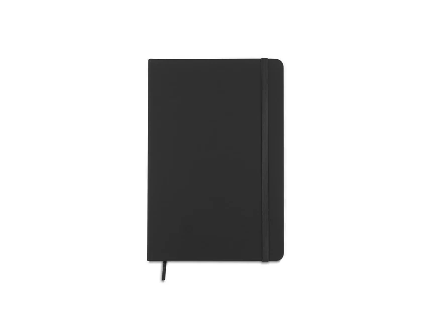 Czarny notes A5 ekoskóra z logo firmy i pomarańczowymi liniami