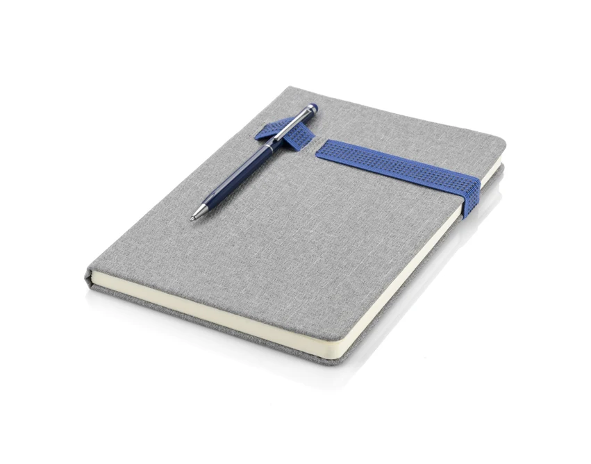 Notes Holdi A5 szara lniana okładka, niebieska gumka, logo