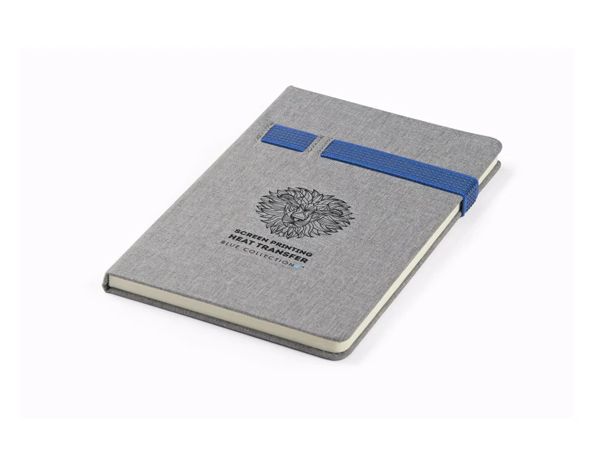Notes Holdi A5 szara lniana okładka, niebieska gumka, logo