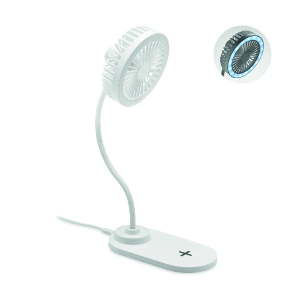 Biały wentylator biurkowy Viento z LED i ładowarką Qi 10W