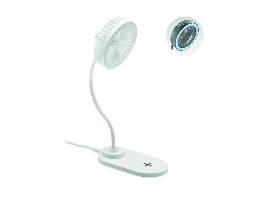 Biały wentylator biurkowy Viento z LED i ładowarką Qi 10W