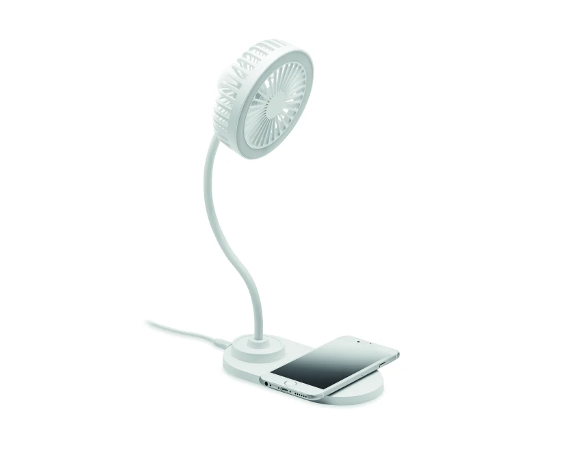 Biały wentylator biurkowy Viento z LED i ładowarką Qi 10W