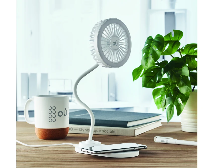 Biały wentylator biurkowy Viento z LED i ładowarką Qi 10W