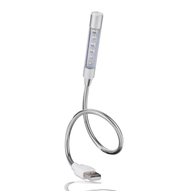 Srebrna metalowa lampka USB PROBE 6 LED z logo firmy