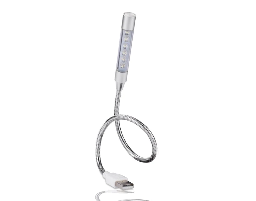Srebrna metalowa lampka USB PROBE 6 LED z logo firmy