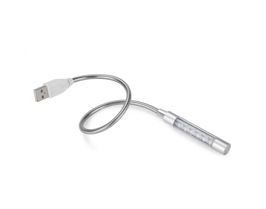 Srebrna metalowa lampka USB PROBE 6 LED z logo firmy