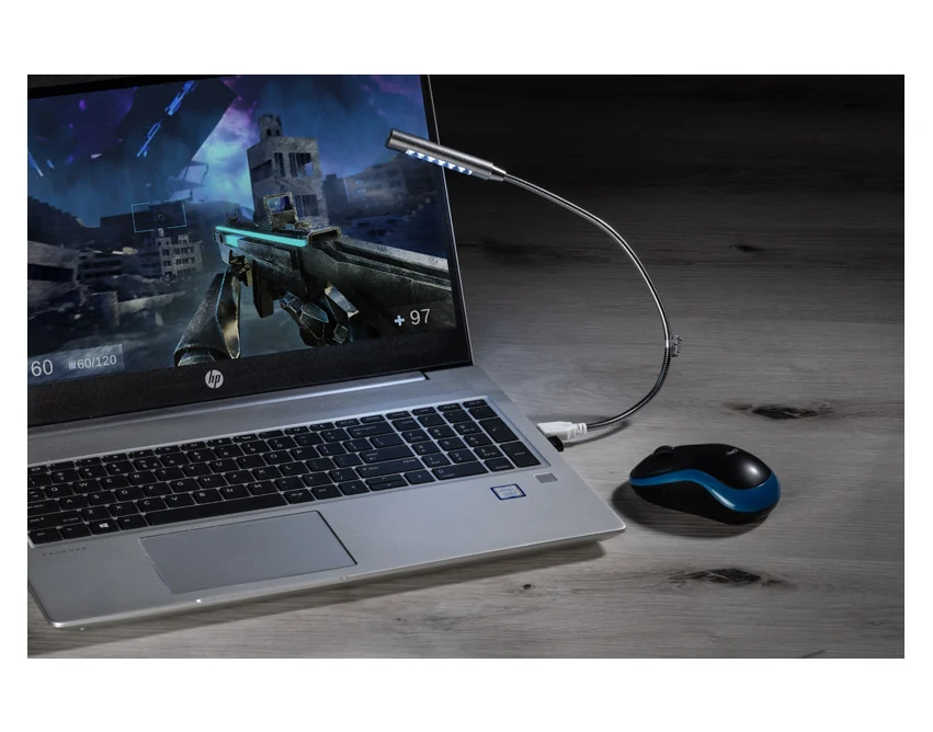 Srebrna metalowa lampka USB PROBE 6 LED z logo firmy