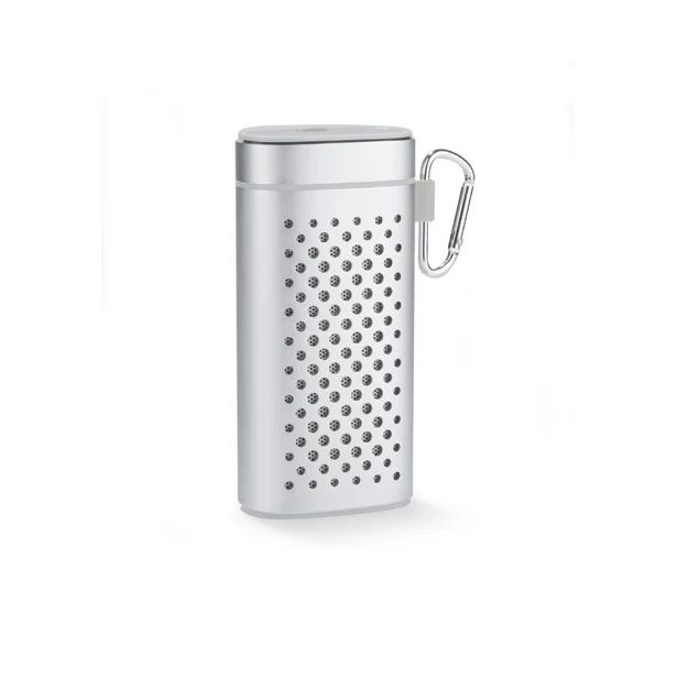 Srebrny głośnik bluetooth z powerbankiem i grawerem logo