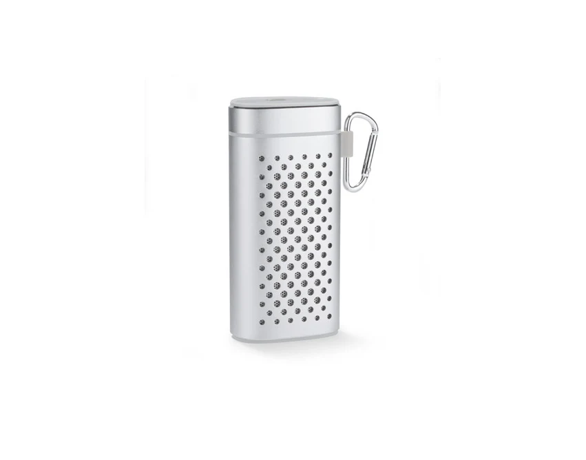 Srebrny głośnik bluetooth z powerbankiem i grawerem logo