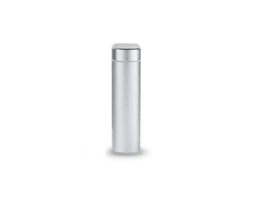 Srebrny głośnik bluetooth z powerbankiem i grawerem logo