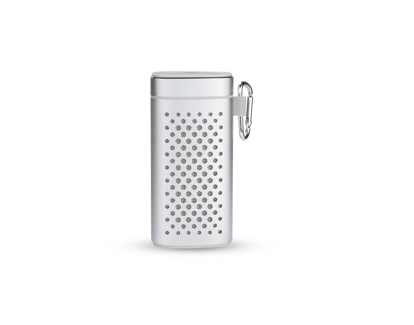 Srebrny głośnik bluetooth z powerbankiem i grawerem logo
