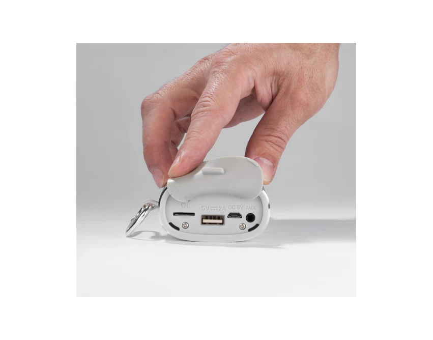 Srebrny głośnik bluetooth z powerbankiem i grawerem logo