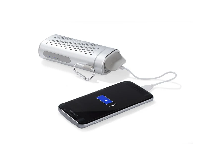 Srebrny głośnik bluetooth z powerbankiem i grawerem logo