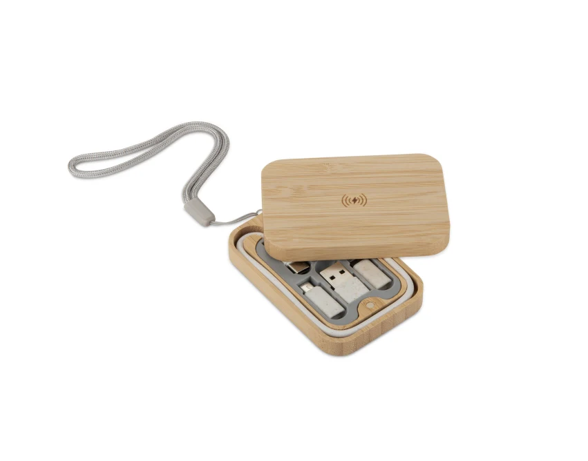BUMO kabel USB z logo w beżowym etui z bambusa