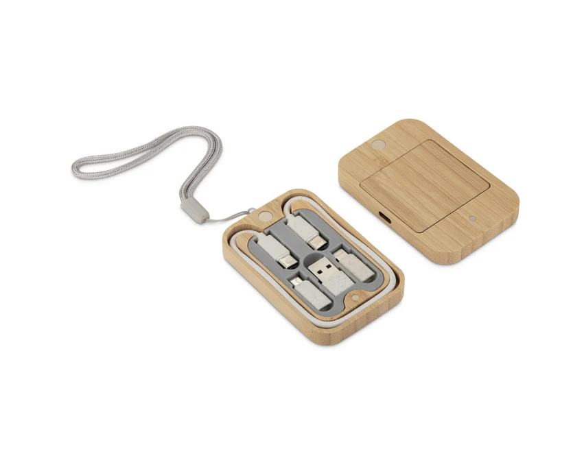 BUMO kabel USB z logo w beżowym etui z bambusa