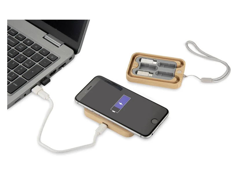 BUMO kabel USB z logo w beżowym etui z bambusa
