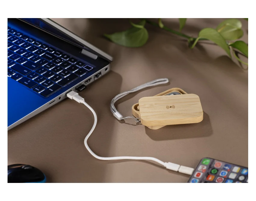 BUMO kabel USB z logo w beżowym etui z bambusa