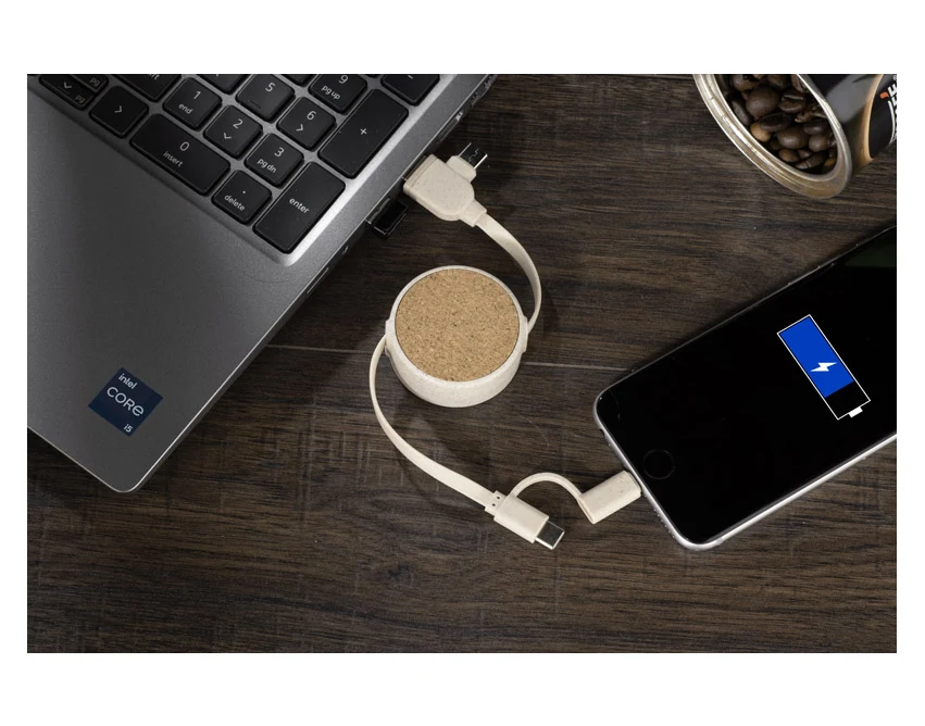SLOPI zwijany kabel USB z logo z korka, naturalny
