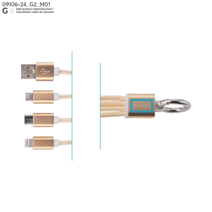 Schemat znakowania dla Grawerowanie laserowe - G2 na gadżecie: TAUS złoty kabel USB 3 w 1 z logo – 220 mm