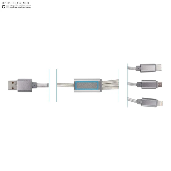 Schemat znakowania dla Grawerowanie laserowe - G2 na gadżecie: Kabel TALA USB z logo 1200 mm – srebrny 3 w 1