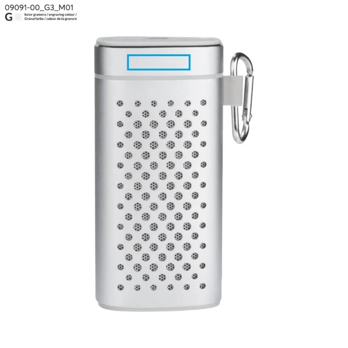 Schemat znakowania dla Grawerowanie laserowe - G3 na gadżecie: Srebrny głośnik bluetooth z powerbankiem i grawerem logo