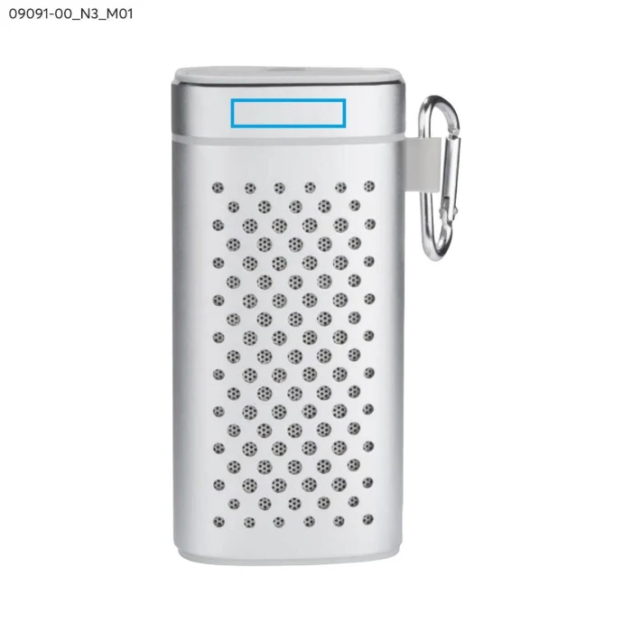 Schemat znakowania dla Tampondruk - N3 na gadżecie: Srebrny głośnik bluetooth z powerbankiem i grawerem logo