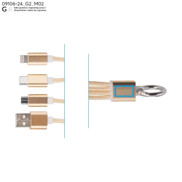 Schemat znakowania dla Grawerowanie laserowe - G2 na gadżecie: TAUS złoty kabel USB 3 w 1 z logo – 220 mm
