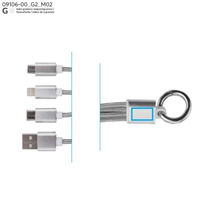 Schemat znakowania dla Grawerowanie laserowe - G2 na gadżecie: TAUS kabel USB z logo 3 w 1, srebrny 220 mm