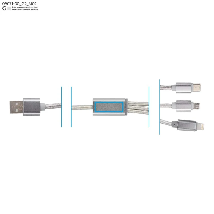 Schemat znakowania dla Grawerowanie laserowe - G2 na gadżecie: Kabel TALA USB z logo 1200 mm – srebrny 3 w 1