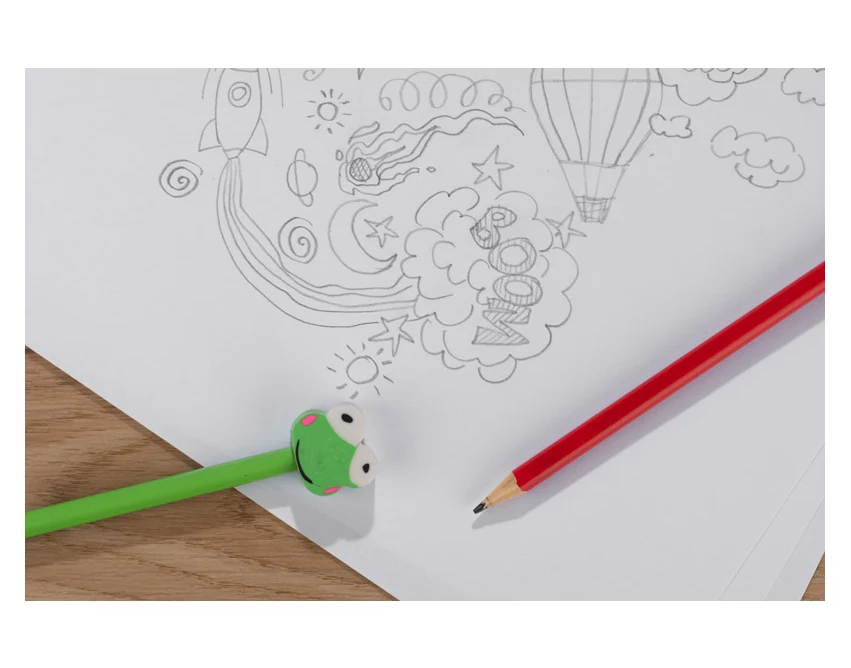 Zielony ołówek reklamowy z gumką żabka i logo firmy