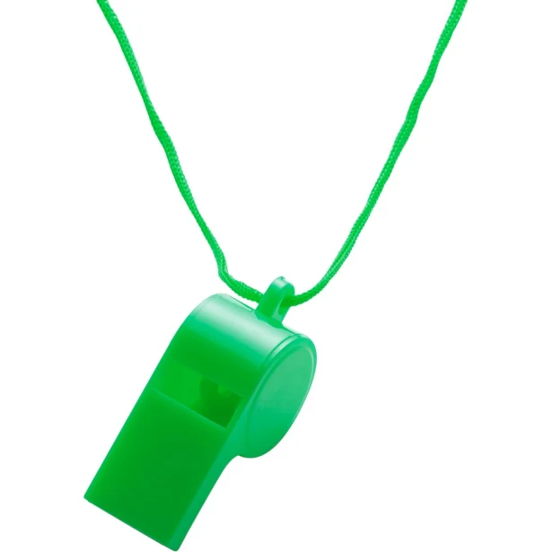 Zielony plastikowy gwizdek z logo na sznurku – personalizowany gadżet reklamowy PS