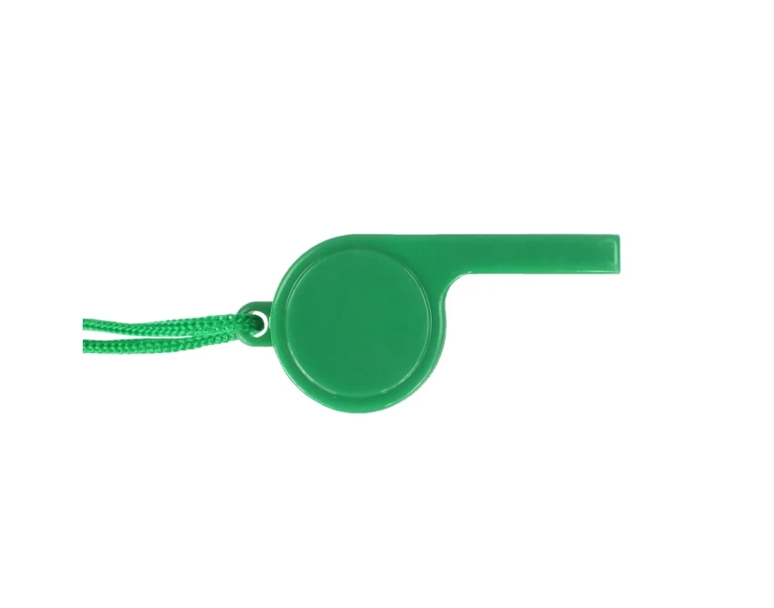 Zielony plastikowy gwizdek z logo na sznurku – personalizowany gadżet reklamowy PS