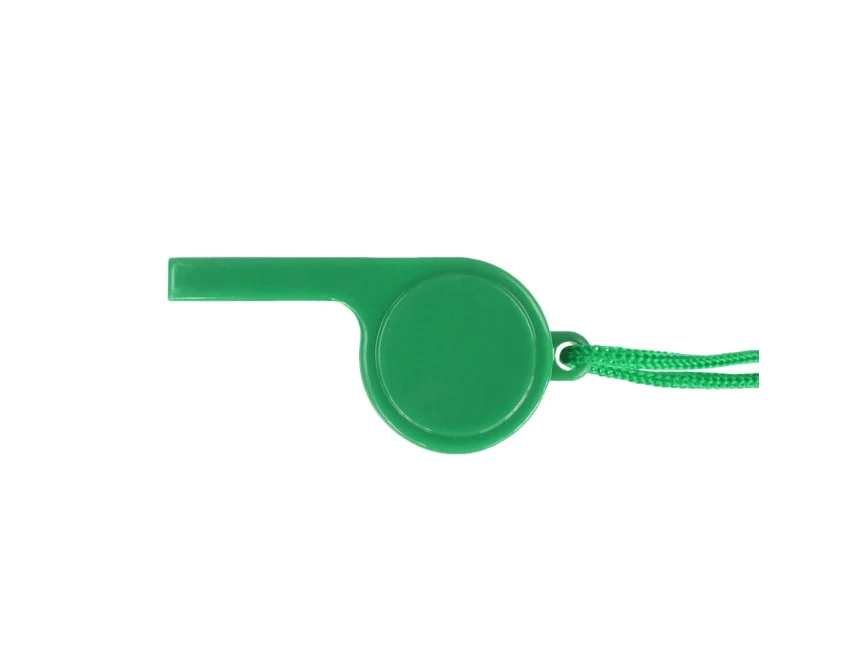 Zielony plastikowy gwizdek z logo na sznurku – personalizowany gadżet reklamowy PS