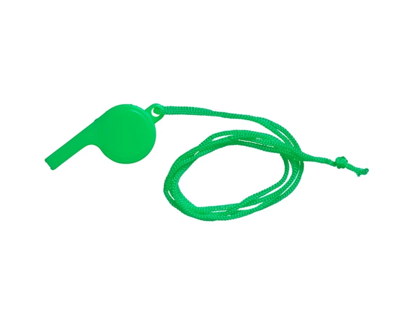 Zielony plastikowy gwizdek z logo na sznurku – personalizowany gadżet reklamowy PS