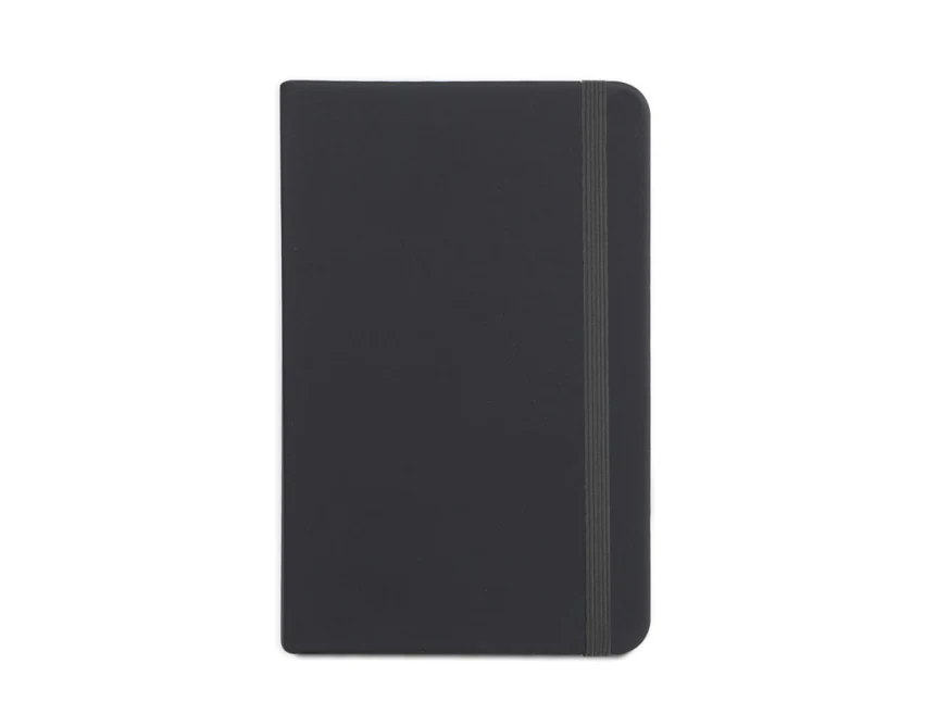Czarny notes A6 z ekoskóry z gumką i logo firmy