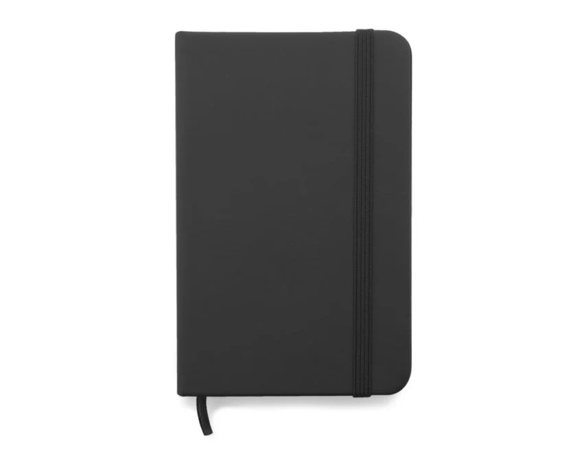 Czarny notes A6 z ekoskóry z gumką i logo firmy