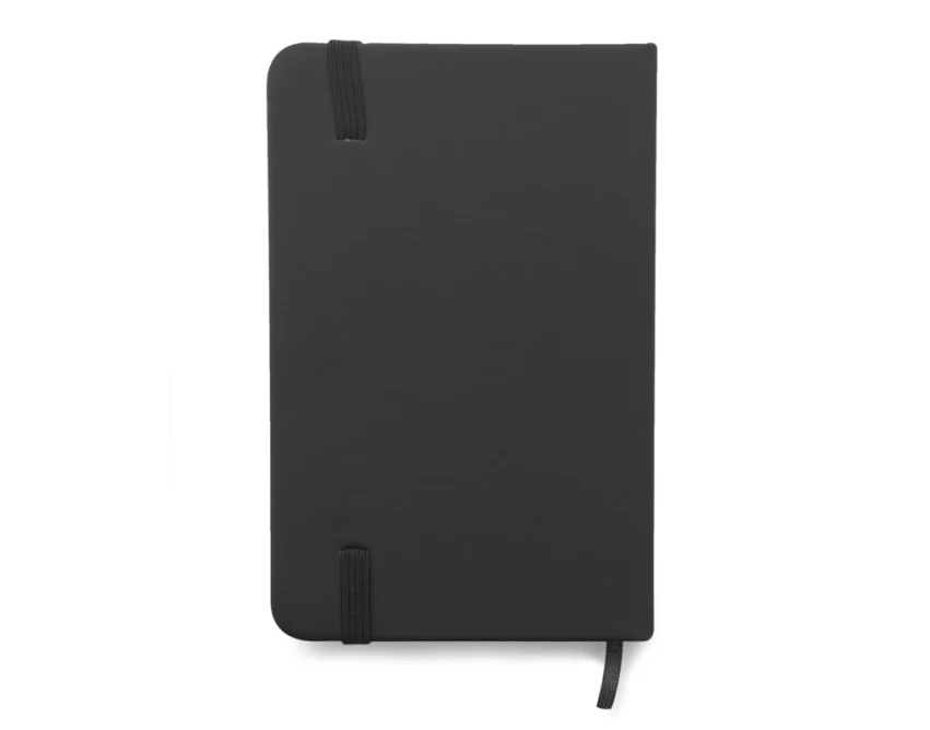 Czarny notes A6 z ekoskóry z gumką i logo firmy