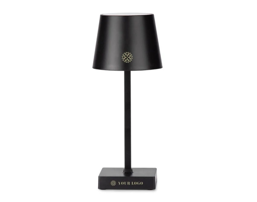 Czarna lampka biurkowa LED VIDIA USB z logo firmy