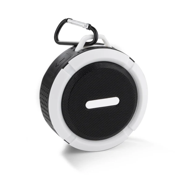 Biały głośnik Bluetooth FUSION z logo i karabińczykiem
