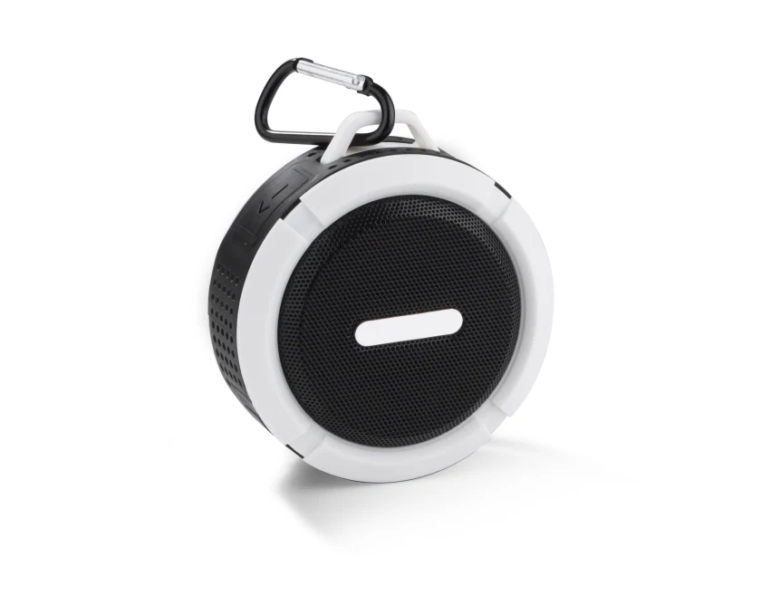 Biały głośnik Bluetooth FUSION z logo i karabińczykiem