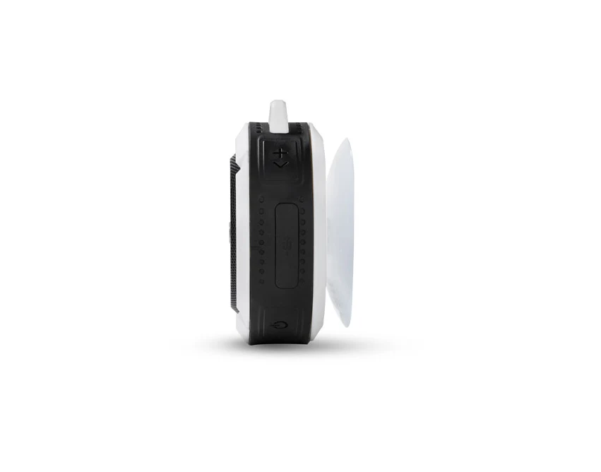 Biały głośnik Bluetooth FUSION z logo i karabińczykiem