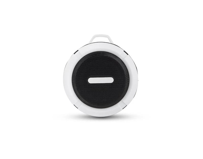 Biały głośnik Bluetooth FUSION z logo i karabińczykiem