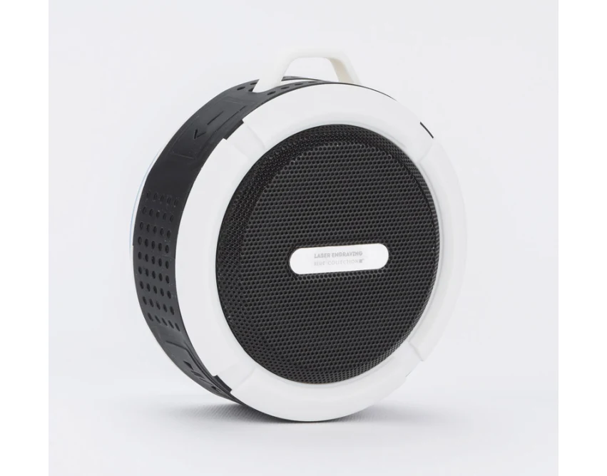 Biały głośnik Bluetooth FUSION z logo i karabińczykiem