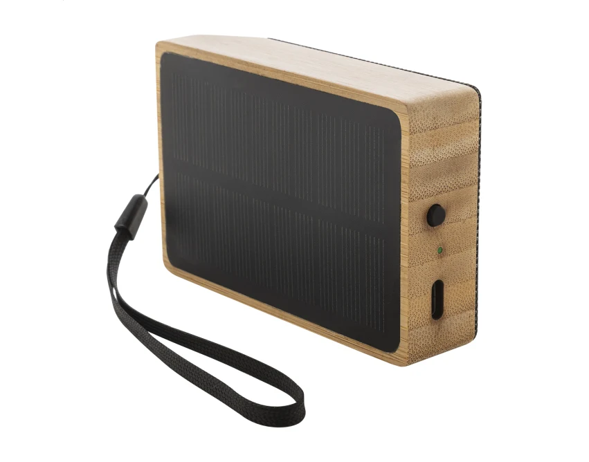 Solarny głośnik bambusowy czarny z logo – RPET, Bluetooth