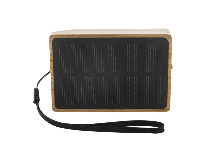 Solarny głośnik bambusowy czarny z logo – RPET, Bluetooth